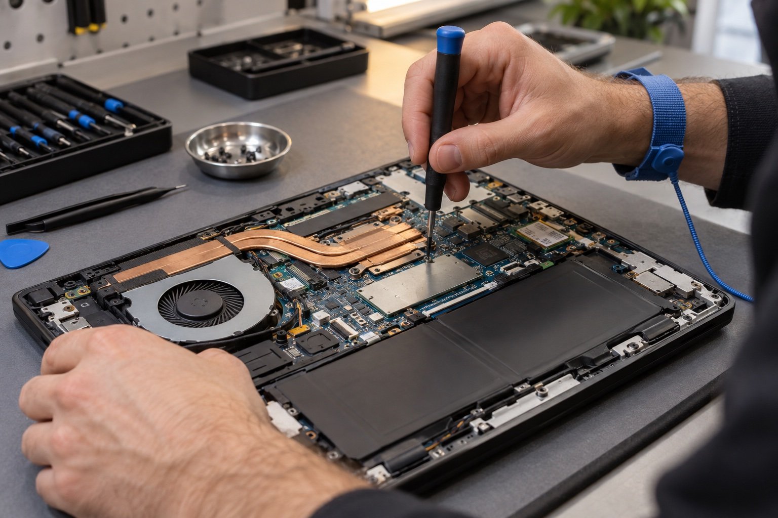 Mãos de um técnico trabalhando nos componentes internos de um notebook