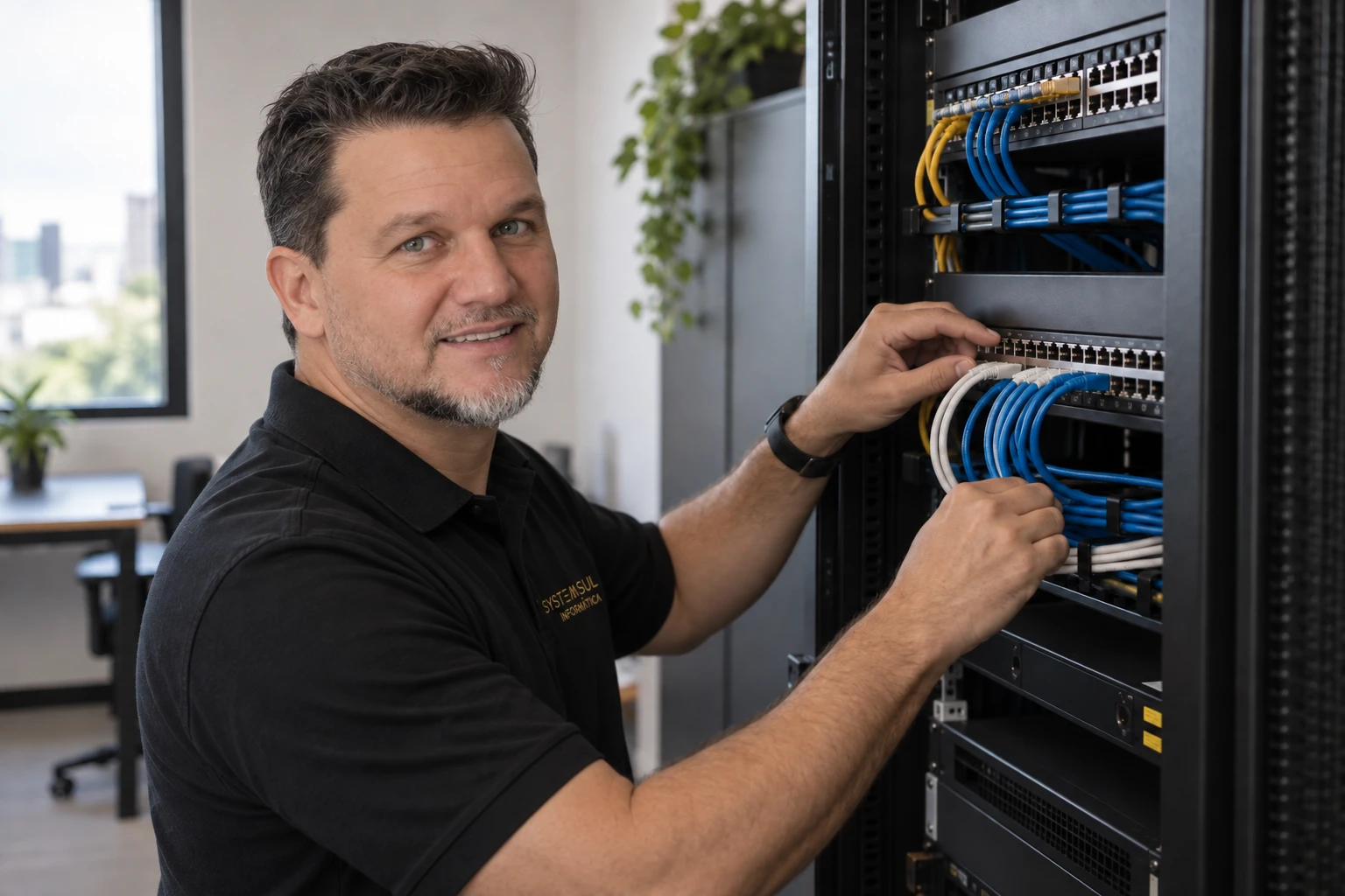 Cena ilustrativa com o personagem da Systemsul, de polo preta com marca dourada, organizando conexões em um rack de rede